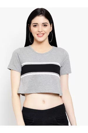 LE BOURGEOIS Women Grey & Black Colourblocked Crop Pure Cotton Top
