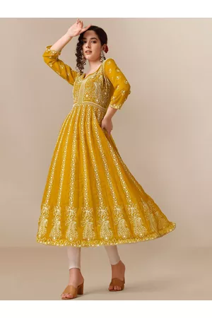 HERE&NOW Ethnic Motifs Embroidered Chikankari Georgette Anarkali Kurta