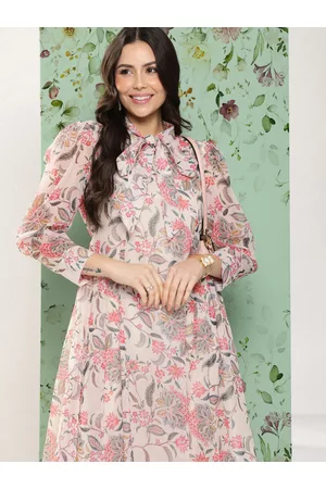 Bhama Couture Floral Print Puff Sleeves Tie-Up Neck Georgette Maxi Dress