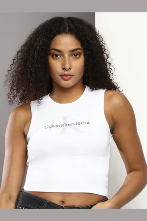 CALVIN KLEIN JEANS RIBBED JERSEY CROPPED STRAPPY TANK TOP Woman Classic  Beige