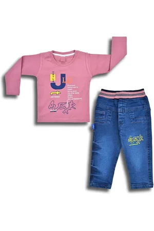 Wish Karo Boys Printed Round Neck Long Sleeves T-shirt with Jeans Clothing Set