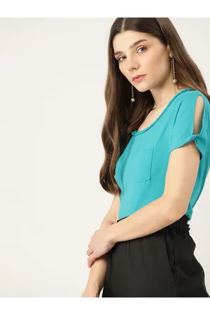 DressBerry Turquoise Blue Solid Slit Sleeves Top with Braided Edges