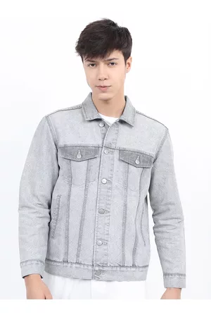 Ketch Men Grey Solid Washed Denim Jacket