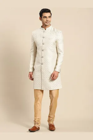 KISAH Men Geometric Printed Mandarin Collar Long Sleeves Cotton Indowestern Sherwani Set
