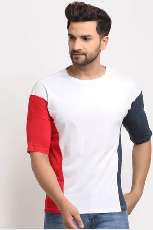 DOOR74 Men White & Red Colourblocked Cotton Boxy T-shirt