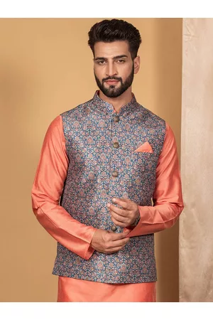 Kurta Pajama With Embroidered Nehru Jacket In Peach Men 565MW08