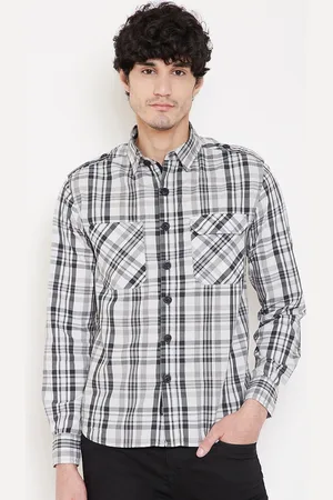 Punk Men White Tartan Checks Opaque Checked Casual Shirt