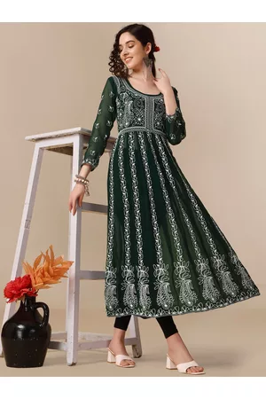 HERE&NOW Ethnic Motifs Embroidered Chikankari Georgette Anarkali Kurta