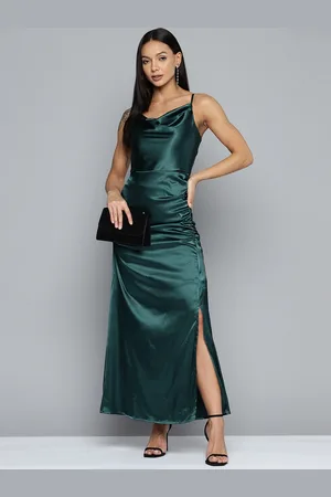 Chemistry Cowl Neck Ruched Satin Slit Maxi Dress