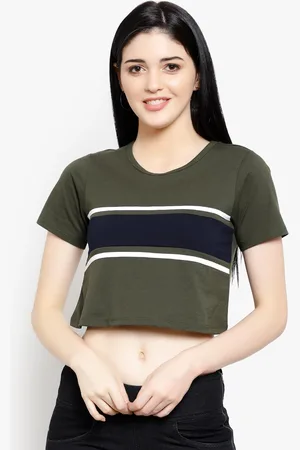 LE BOURGEOIS Women Olive Green & Blue Colourblocked Pure Cotton Top