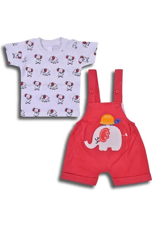 Wish Karo Infant Boys Elephant Printed Cotton Ribbed Dungarees with T-shirt