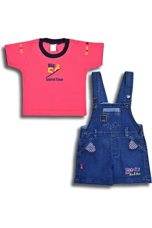 Wish Karo Infant Boys Typography Printed Cotton Detail Denim Dungarees with T-shirt