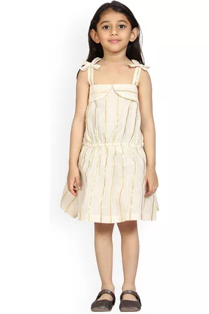 KiddoPanti Girls Off-White & Golden Striped Pure Cotton A-Line Dress