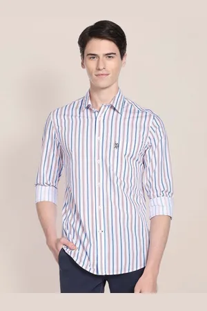 U.S. Polo Assn. Men White & Blue Tailored Fit Striped Cotton Casual Shirt