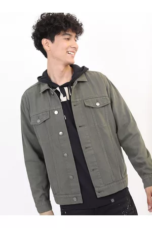 Ketch Men Olive Green Solid Denim Jacket