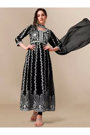 HERE&NOW Black Lucknowi Chikankari Embroidered Georgette Anarkali Kurta with Dupatta