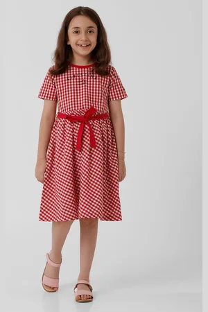 KATE & OSCAR Girls Round Neck Gingham Checked Printed Cotton Fit & Flare Dress With Belt