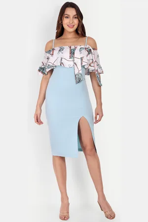 iki chic Conversational Printed Cold-Shoulder Ruffled Bodycon Dress
