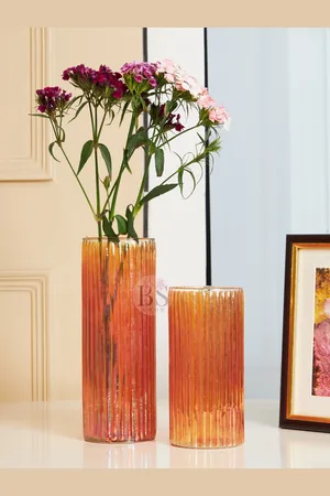 BS AMOR 2-Pcs Orange-Colored Textured Cylindrical Glass Flower Vases