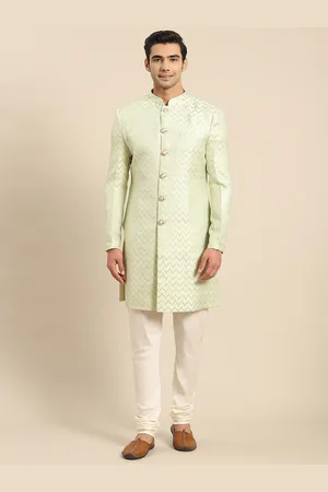 KISAH Men Self-Design Mandarin Collar Cotton Indowestern Sherwani Set