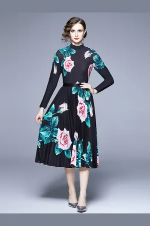 JC Collection Women Flower Printed Round Neck Top With Skirt