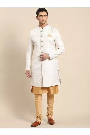 KISAH Men Mandarin Collar Cotton Kurta Indowestern Sherwani Set