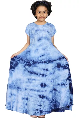 KiddoPanti Girls Blue Tie and Dye Dyed Gown Dress