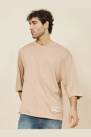 Styli Beige Round Neck 3/4th Drop-Shoulder Sleeves Cotton T-shirt
