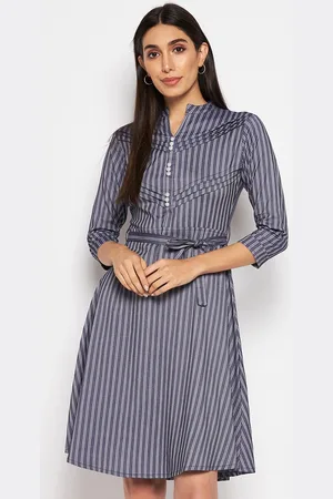 Camey Striped Mandarin Collar Belted Cotton Fit & Flare Dress