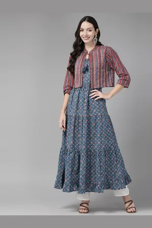 Cayman Ethnic Motifs Printed Tiering Pure Cotton Kurta With Jacket