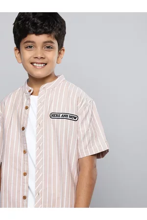 HERE&NOW Boys Vertical Stripes Opaque Pure Cotton Casual Shirt With Embroidered Detail