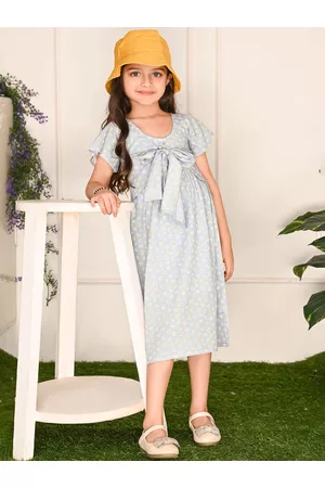LilPicks Girls Floral Printed Tie-Up A-Line Midi Dress
