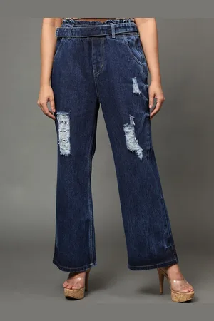 AngelFab Women Jean Wide Leg High-Rise Mildly Distressed Cotton Jeans