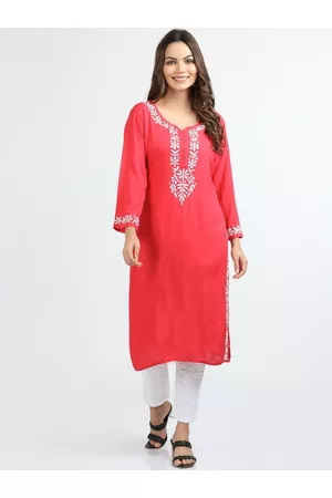 FAWOMENT Women Peach-Coloured & White Chikanakri Straight Kurta