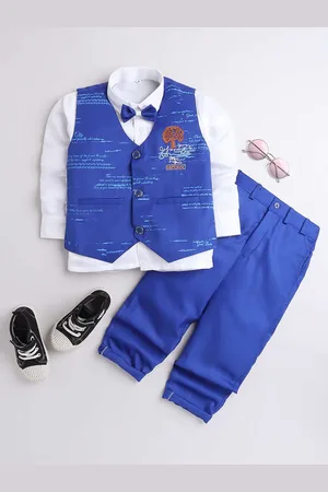 DKGF FASHION Boys Blue & White Printed Shirt with Trousers & Waistcoat