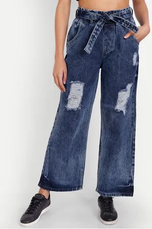 AngelFab Women Jean Wide Leg High-Rise Mildly Distressed Heavy Fade Cotton Jeans