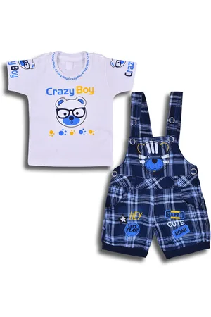 Wish Karo Infant Boys Checked Cotton Dungarees With Printed T-shirt