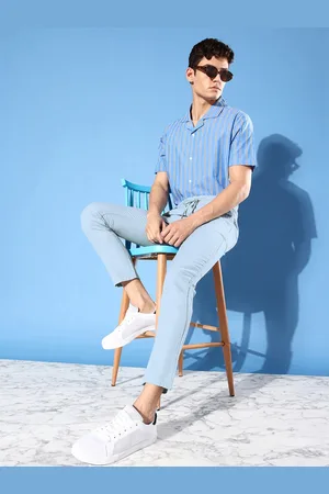 Mast & Harbour Men Blue Solid Cotton Linen Slim Fit Trousers