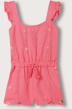 Blue Giraffe Girls Embroidered Ruffles Wasit Tie-Ups Jumpsuit