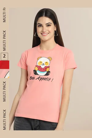 Fabflee Women Peach-Coloured & Red Pack of 2 Typography Printed Cotton T-shirts