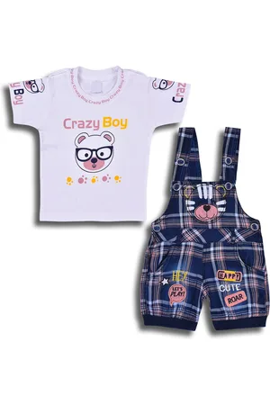 Wish Karo Infant Boys Checked Cotton Dungarees With Printed T-shirt