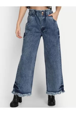 AngelFab Women Blue Jean Wide Leg High-Rise Heavy Fade Jeans