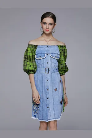 JC Collection Checked Off-Shoulder Belted A-Line Mini Dress