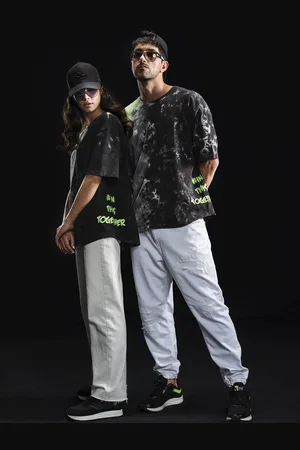 WROGN Unisex Tie and Dye With Minimal Typography Drop-Shoulder Sleeves Cotton Boxy T-shirt