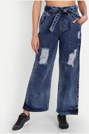 AngelFab Women Jean Wide Leg High-Rise Mildly Distressed Heavy Fade Cotton Jeans