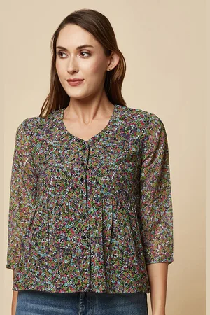 RAASSIO Floral Printed Georgette Shirt Style Top