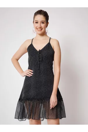 CHARMGAL Polka Dots Printed Shoulder Straps Chiffon A-Line Dress