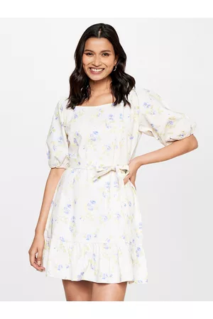 AND Square Neck Floral Printed A-Line Pure Cotton Mini Dress With Belt