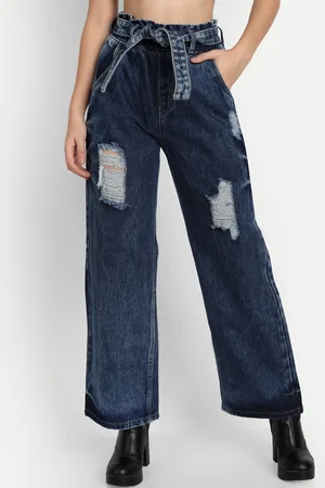 AngelFab Women Jean Wide Leg High-Rise Mildly Distressed Light Fade Cotton Jeans