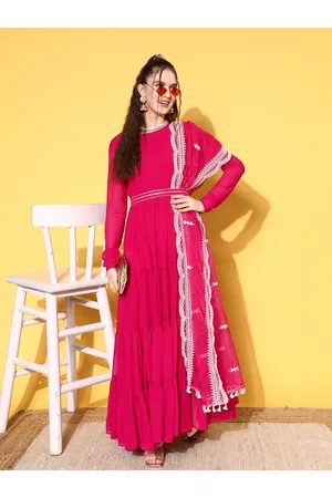 Inddus Women Thread Embroidered Georgette Kurta with Dupatta and Belt